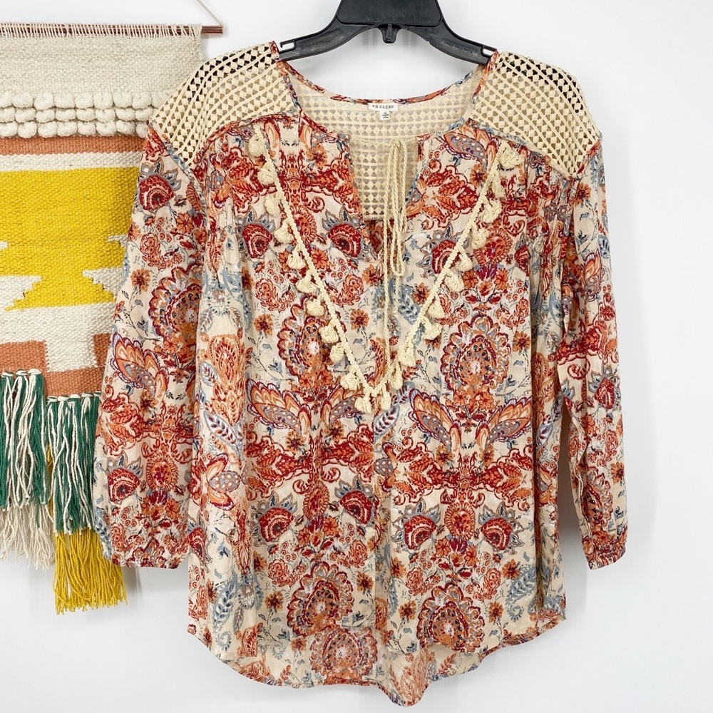En Creme Floral Paisley Crochet Fringe Trim Top S - Picture 2 of 8